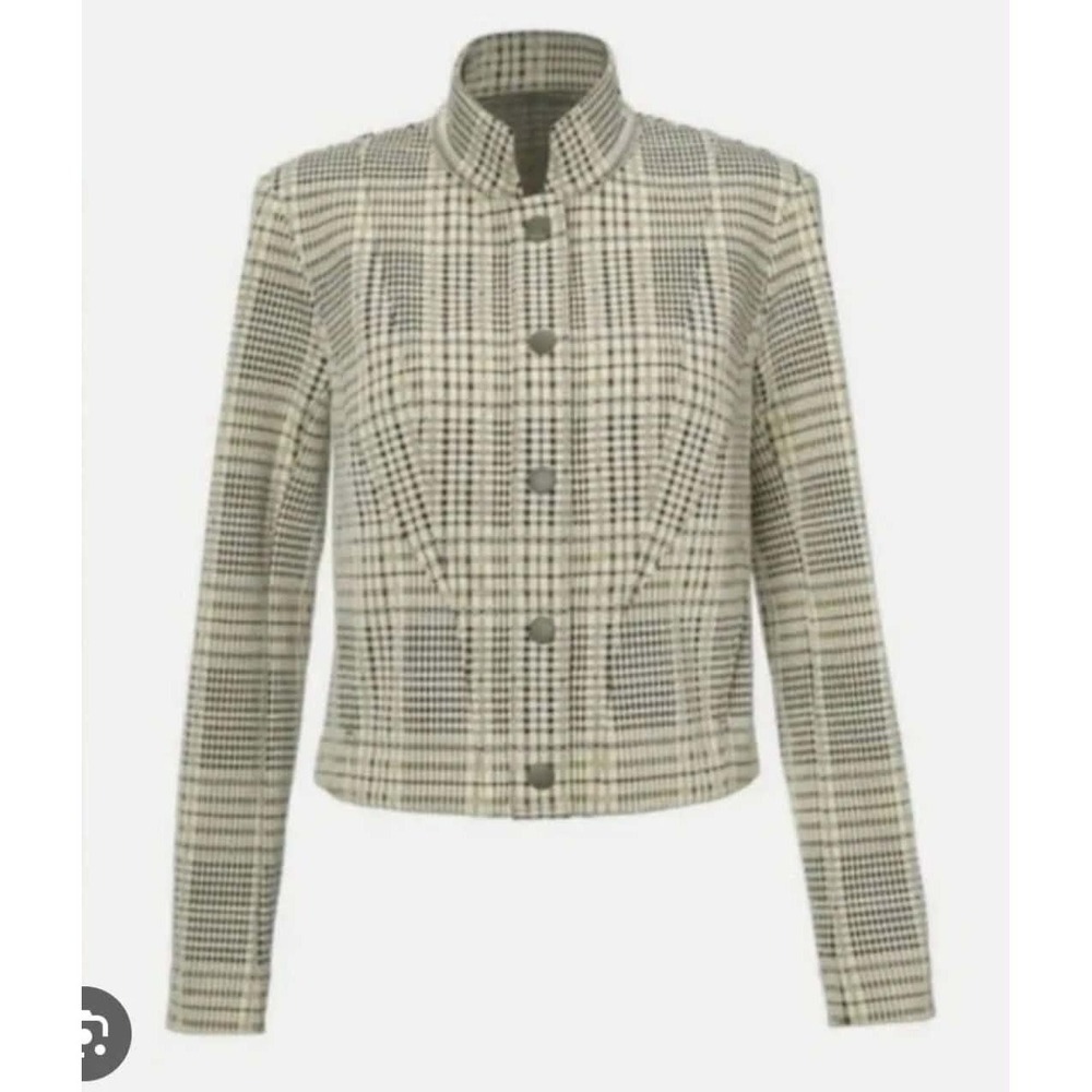 Cabi‎ Travel Jacket 4498 Multi Beige Gold Plaid Cropped Blazer Medium